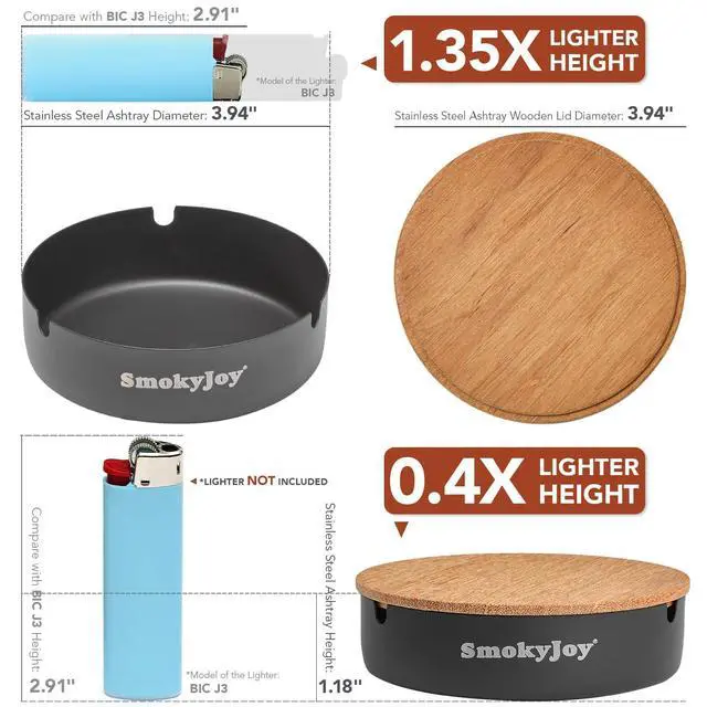 Alt view image 7 of 7 - Ashtray with Lid for Outside Patio, 2 Pack Windproof Ash Tray, Black Stainless Steel Smokeless Ashtray for Outdoor Home Office Tabletop Patio Outdoor Balcony, Meidium