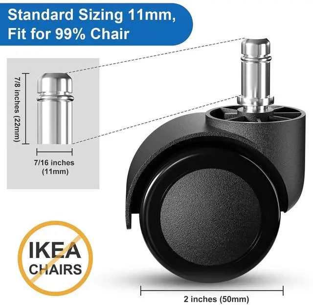 Alt view image 2 of 7 - Office Chair Wheels Replacement, 5 Pcs 2 Inch Office Chair Casters Heavy Duty, Computer Desk Chair Wheel Safe Mute Rotating Rubber Wheels for Wood Floors and Carpet, Universal Size Fits 99% by Aisuly