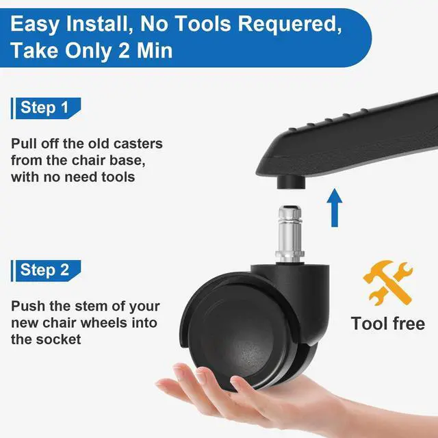 Alt view image 4 of 7 - Office Chair Wheels Replacement, 5 Pcs 2 Inch Office Chair Casters Heavy Duty, Computer Desk Chair Wheel Safe Mute Rotating Rubber Wheels for Wood Floors and Carpet, Universal Size Fits 99% by Aisuly