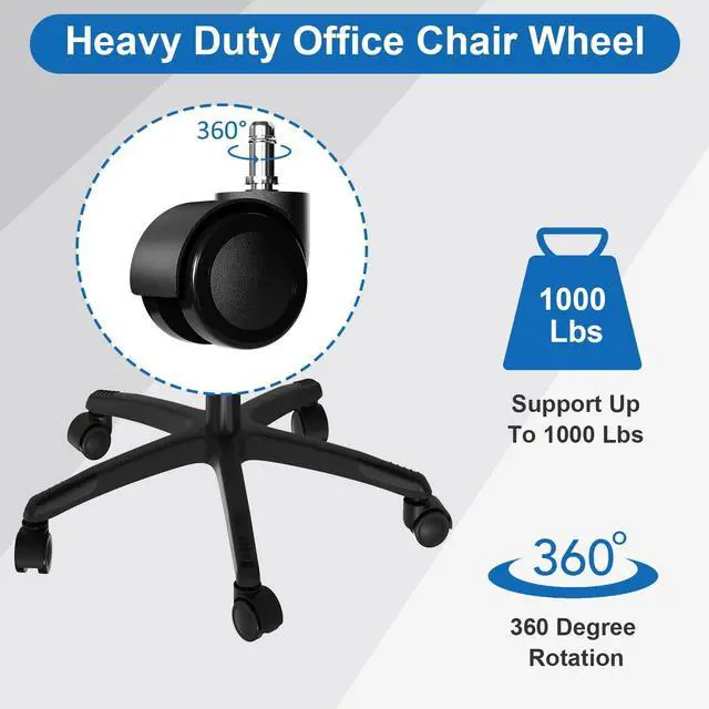Alt view image 3 of 7 - Office Chair Wheels Replacement, 5 Pcs 2 Inch Office Chair Casters Heavy Duty, Computer Desk Chair Wheel Safe Mute Rotating Rubber Wheels for Wood Floors and Carpet, Universal Size Fits 99% by Aisuly