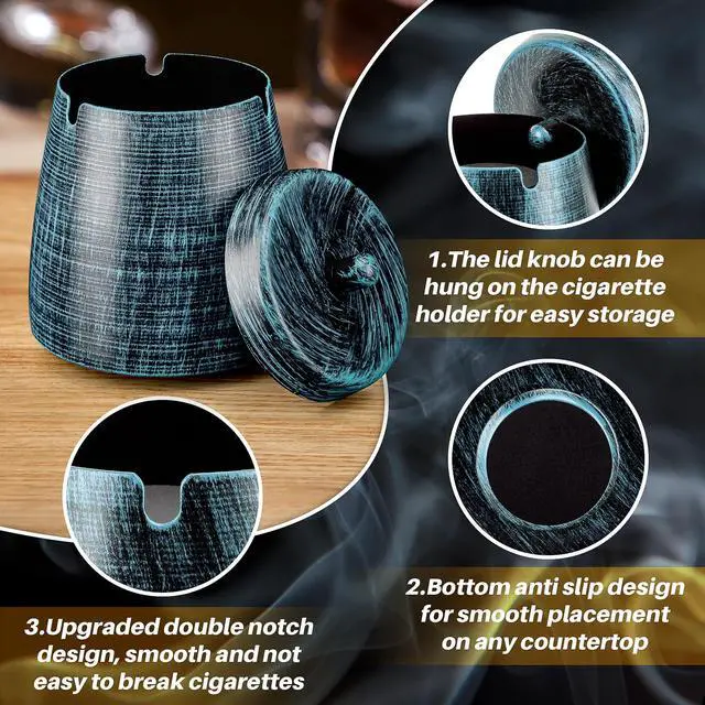 Alt view image 2 of 5 - Ashtray for Cigarettes Outdoor, Outdoor Ashtray with Lid for Cigarette, Metal Odorless Windproof Smokeless AshTray for Patio Home Office Tabletop Balcony