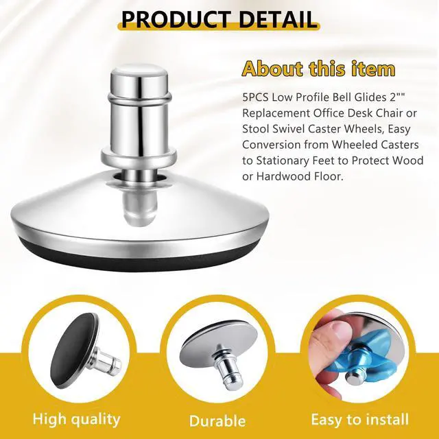 Alt view image 3 of 7 - Premium 5pcs Low Profile Office Chair Bell Glides - 2" Replacement Swivel Caster Wheels to Fixed Stationary Castors, Adjustable Stool Feet