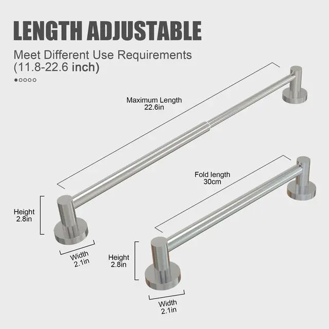 Alt view image 3 of 7 - Towel Bar - Adjustable 304 Stainless Steel Towel Holder for Bathroom (11.8inch-22.6inch) Sturdy and Rustproof Wall Mounted Towel Rack for Bathroom Accessories, Silver