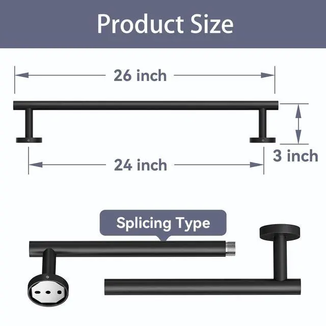 Alt view image 2 of 7 - Matte Black Towel Bar, 24 Inch Bathroom Towel Rack (Total Length 26-Inch), Towel Holder Wall Mounted, Thicken SUS304 Stainless Steel Towel Rod Modern Home Decor