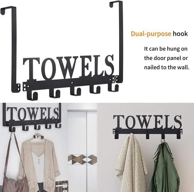 Alt view image 3 of 5 - Over The Door Hooks, Towel Holder for Bathroom, Door Mount Towel Rack Towel Hooks for Bedroom Beach Towels Bathrobe Wall Mount Hang on The Door Cabinet Cupboard Metal Sandblasted (Black)