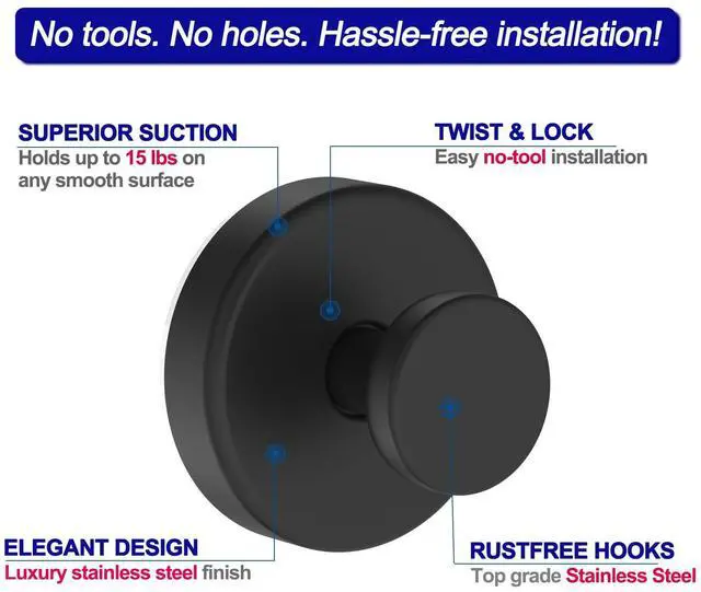 Alt view image 6 of 7 - Suction Cup Hooks for Shower, Removable Towel Hooks for Bathroom Window Glass Door Wall, Bath Robe Looafh Wreath Hook for Hanging - 2 Pack, Black