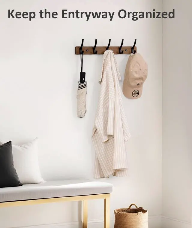 Alt view image 4 of 7 - Coat Rack Wall Mount, 16.5 Inches Wood Coat Hooks, Wall Hooks for Hanging, Hat Rack Bag Hanger Key Holder for Wall, Purse Hanger Towel Racks for Bathroom (1Pack, Brown)
