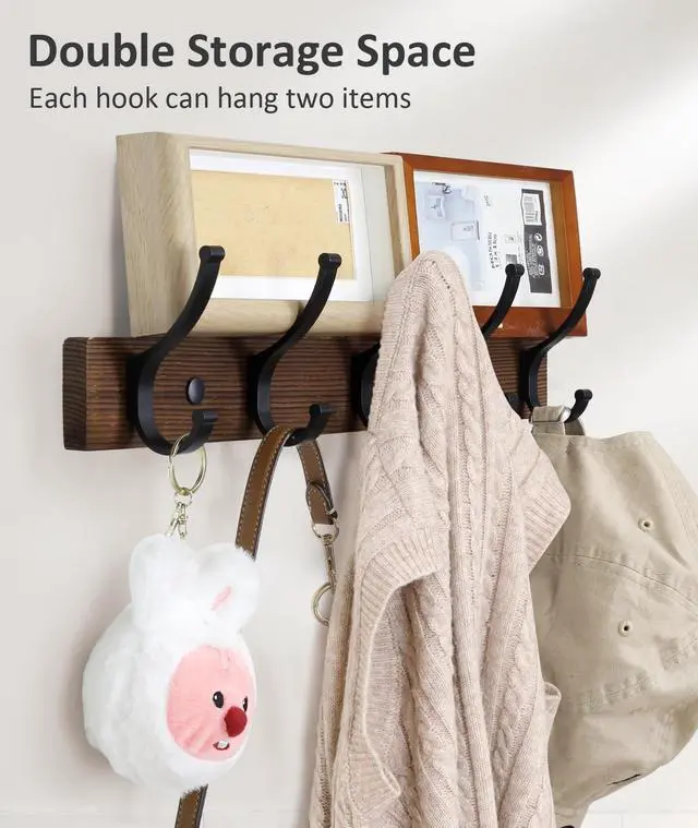 Alt view image 3 of 7 - Coat Rack Wall Mount, 16.5 Inches Wood Coat Hooks, Wall Hooks for Hanging, Hat Rack Bag Hanger Key Holder for Wall, Purse Hanger Towel Racks for Bathroom (1Pack, Brown)