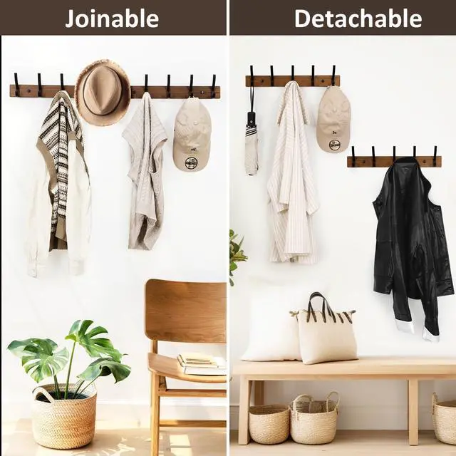Alt view image 6 of 7 - Coat Rack Wall Mount, 16.5 Inches Wood Coat Hooks, Wall Hooks for Hanging, Hat Rack Bag Hanger Key Holder for Wall, Purse Hanger Towel Racks for Bathroom (1Pack, Brown)