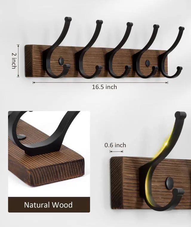 Alt view image 7 of 7 - Coat Rack Wall Mount, 16.5 Inches Wood Coat Hooks, Wall Hooks for Hanging, Hat Rack Bag Hanger Key Holder for Wall, Purse Hanger Towel Racks for Bathroom (1Pack, Brown)
