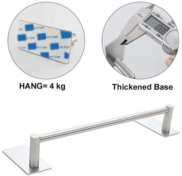 Alt view image 5 of 7 - Self Adhesive Bathroom Towel Bar- Stainless Steel Bath Wall Shelf Rack Hanging Towel Stick On Sticky Hanger Contemporary Style, NO Drilling (1 Pack, Brushed Nickel, 16-Inch Towel Rack)