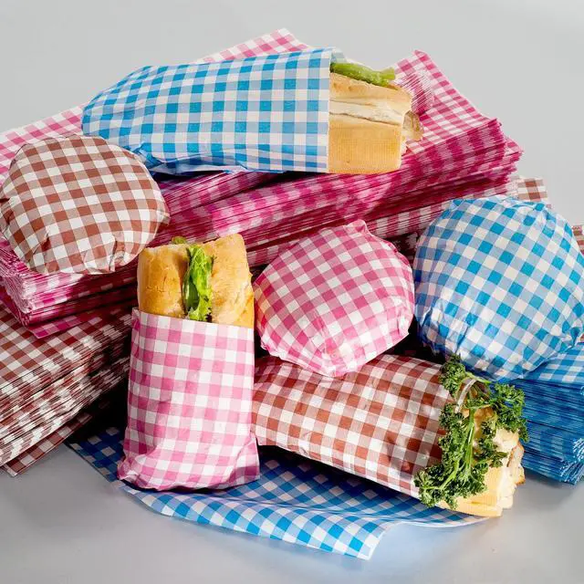 Alt view image 6 of 7 - 30pcs Square Checkered Wax Paper Sheets 7" x 7" Oil-absorbing Dry Food Wrapping Paper for Sandwich Baking Paper Liners Picnic Basket Bread Hamburger Wrap Kitchen, Brown