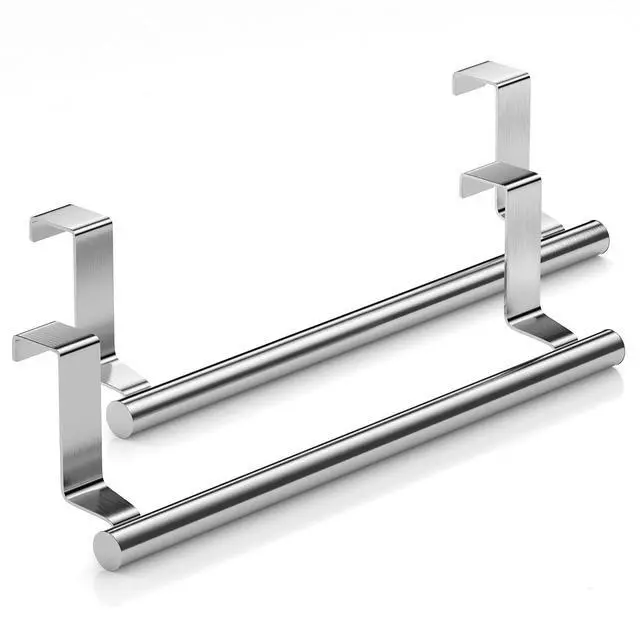 Main image of Stainless Steel Over Door Towel Rack Bar Holders for Universal Fit on Over Cabinet Cupboard Doors 2 Pack (Sliver)