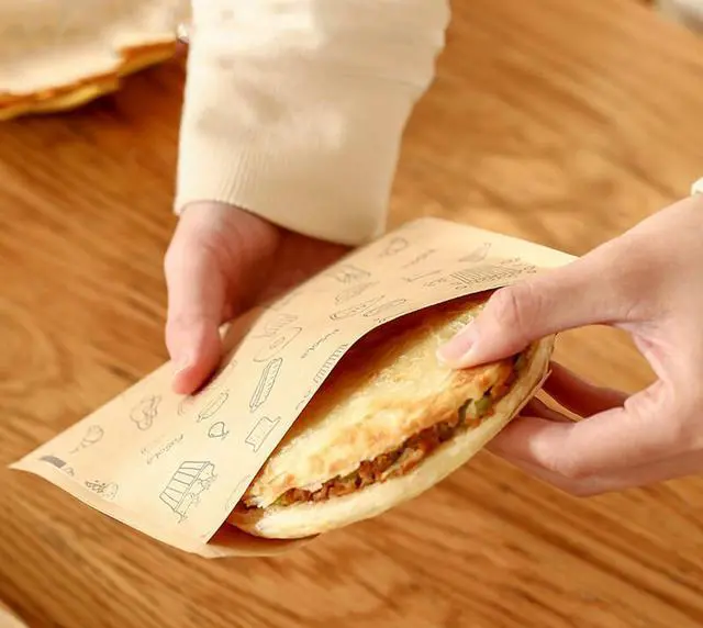 Alt view image 3 of 7 - Greaseproof Sandwich Wrap Bags,Unbleached Eco-friendly Deli Oil-Absorbing Kraft Paper Bag For Fried Food Tempura Toast Snacks Picnic,Printed Dry Wax Paper,Extra Thick,50 Sheet Pack
