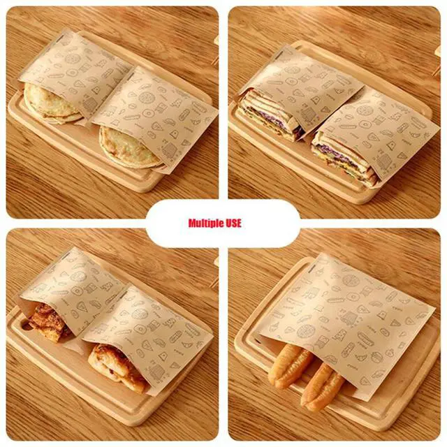 Alt view image 6 of 7 - Greaseproof Sandwich Wrap Bags,Unbleached Eco-friendly Deli Oil-Absorbing Kraft Paper Bag For Fried Food Tempura Toast Snacks Picnic,Printed Dry Wax Paper,Extra Thick,50 Sheet Pack