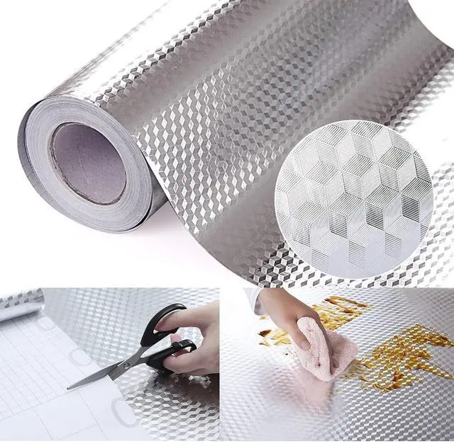 Main image of Kitchen Wallpaper Oil Proof Sticker Backsplash Aluminum foil Oil self-Adhesive Paper Silver Cabinet Liner Waterproof and Heat Resistant Peel and Stick backsplash, 15.7X118.1 Inches