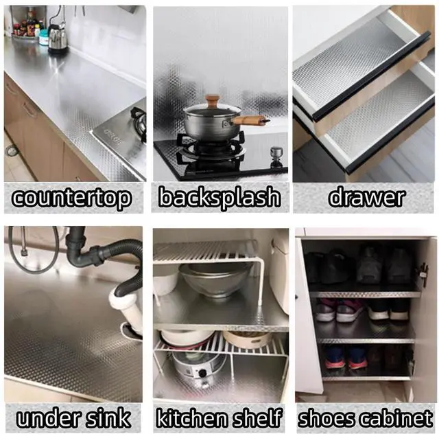 Alt view image 3 of 6 - Kitchen Oil-Water Proof Wallpaper, Peel and Stick Aluminum Foil Backsplash Protector, Self Adhesive Waterproof Contact Paper for Cabinet, Drawer, Shelf Liner, Countertop Cover, 15.7 x118.1 Inch