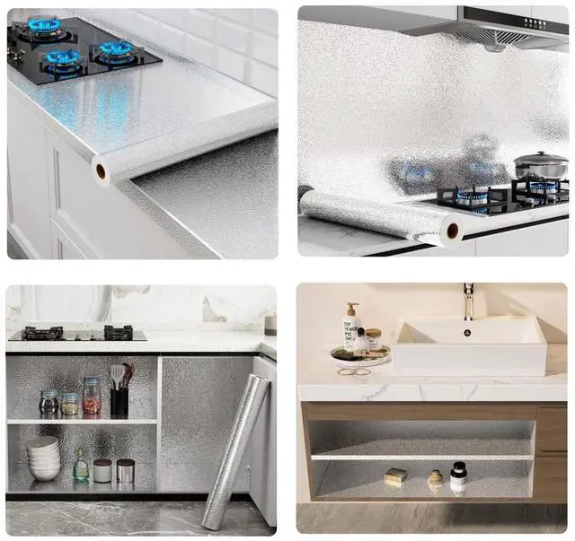 Alt view image 2 of 7 - Kitchen Wallpaper Oil Proof Sticker Backsplash Aluminum Foil Self-Adhesive Paper Silver Cabinet Liner Shelf Liner Waterproof and Heat Resistant Peel and Stick Backsplash(15.7X118 Inches)