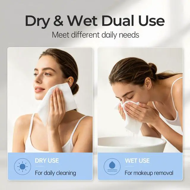 Alt view image 3 of 7 - Disposable Face Towel 7.9"x7.9", Ultra Soft Thick 100% Cotton Washcloths, Gentle for Sensitive Skin, Day & Night Use, Makeup Remover Cleansing Dry Wipes, Ideal for Travel (1,100 Count)