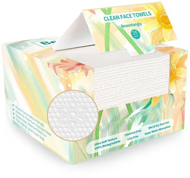 Main image of Disposable Face Towel, Soft & Thick Lint-Free Biodegradable Face Towelettes, Makeup Remover Dry Wipes, Facial Tissue for Camping Travel Essentials, 25 Count