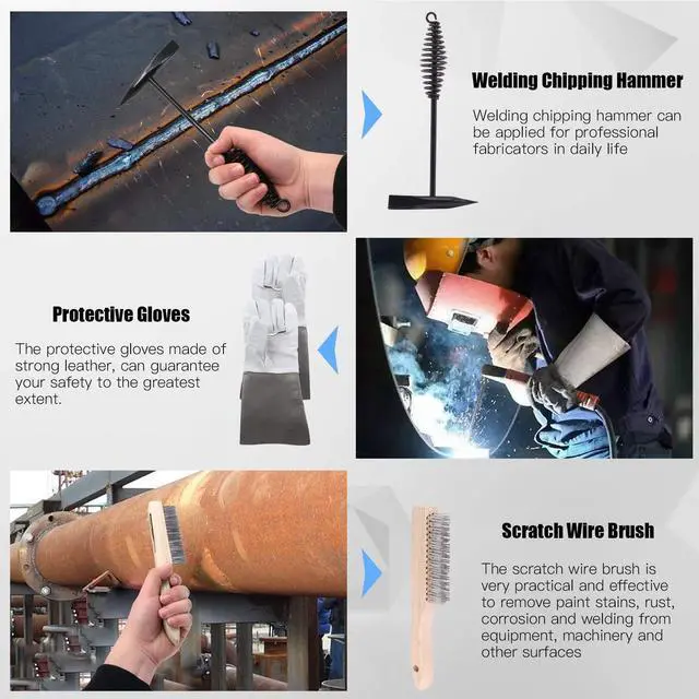 Alt view image 6 of 7 - 4Pcs 10'' Chipping Hammer With Coil Spring Handle and Wire Brush, Pair of Welding Gloves for Removing Slag and Residue