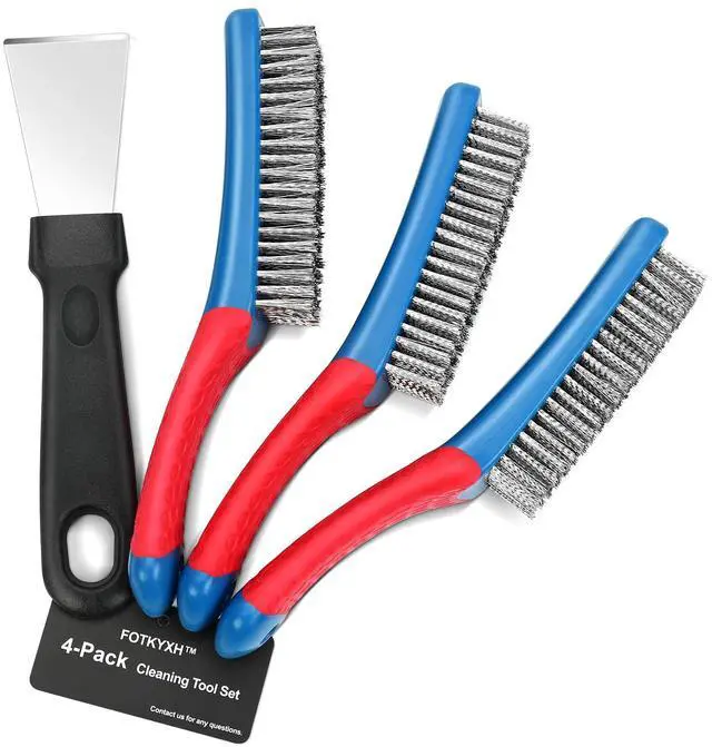Main image of 4-Pack Heavy Duty Wire Brush and Scraper Set, 3 Stainless Steel Scratch Brushes & 1 Metal Scraper for Aggressive Cleaning, Rust, Paint Removal, Grill, Kitchen, Auto, DIY with Non-Slip Handle