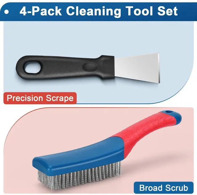Alt view image 2 of 7 - 4-Pack Heavy Duty Wire Brush and Scraper Set, 3 Stainless Steel Scratch Brushes & 1 Metal Scraper for Aggressive Cleaning, Rust, Paint Removal, Grill, Kitchen, Auto, DIY with Non-Slip Handle