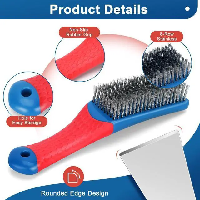 Alt view image 3 of 7 - 4-Pack Heavy Duty Wire Brush and Scraper Set, 3 Stainless Steel Scratch Brushes & 1 Metal Scraper for Aggressive Cleaning, Rust, Paint Removal, Grill, Kitchen, Auto, DIY with Non-Slip Handle