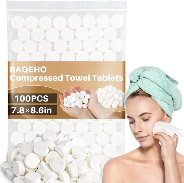 Main image of 100 Compressed Towel Tablets - Disposable Face Washcloths Fast Drying Lightweight for Adult Camping Hiking Facial Mini Makeup Wipe Coin Tissues Travel Hotel Cleaning Supplies