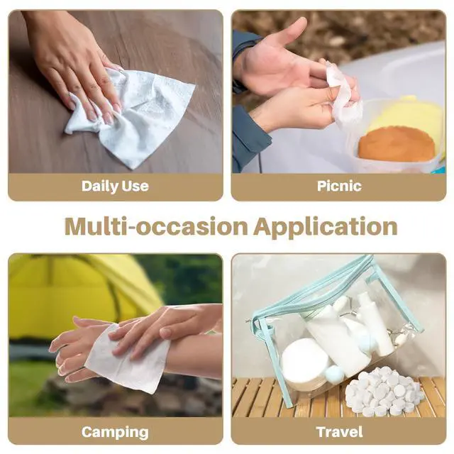 Alt view image 7 of 7 - 100 Compressed Towel Tablets - Disposable Face Washcloths Fast Drying Lightweight for Adult Camping Hiking Facial Mini Makeup Wipe Coin Tissues Travel Hotel Cleaning Supplies