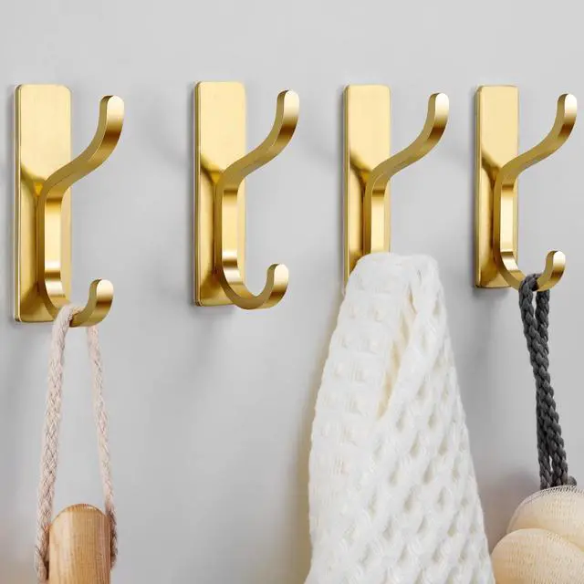 Main image of Adhesive Wall Coat Hooks - Heavy Duty Stick-On Door Hanger, Metal Hook for Hanging Towel,Purse, Robe, Backpack, Jacket, Clothes - for Bathroom,Dorm, Closet, Kitchen - Gold, 4 Pack
