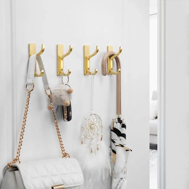 Alt view image 2 of 7 - Adhesive Wall Coat Hooks - Heavy Duty Stick-On Door Hanger, Metal Hook for Hanging Towel,Purse, Robe, Backpack, Jacket, Clothes - for Bathroom,Dorm, Closet, Kitchen - Gold, 4 Pack