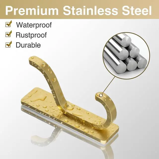 Alt view image 3 of 7 - Adhesive Wall Coat Hooks - Heavy Duty Stick-On Door Hanger, Metal Hook for Hanging Towel,Purse, Robe, Backpack, Jacket, Clothes - for Bathroom,Dorm, Closet, Kitchen - Gold, 4 Pack