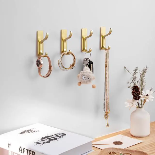 Alt view image 5 of 7 - Adhesive Wall Coat Hooks - Heavy Duty Stick-On Door Hanger, Metal Hook for Hanging Towel,Purse, Robe, Backpack, Jacket, Clothes - for Bathroom,Dorm, Closet, Kitchen - Gold, 4 Pack