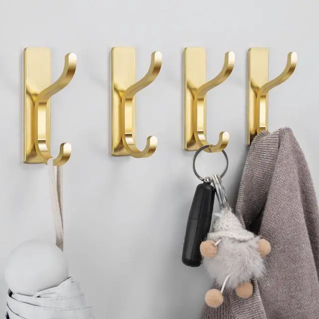 Alt view image 6 of 7 - Adhesive Wall Coat Hooks - Heavy Duty Stick-On Door Hanger, Metal Hook for Hanging Towel,Purse, Robe, Backpack, Jacket, Clothes - for Bathroom,Dorm, Closet, Kitchen - Gold, 4 Pack