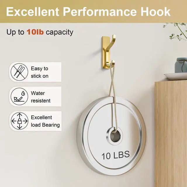 Alt view image 4 of 7 - Adhesive Wall Coat Hooks - Heavy Duty Stick-On Door Hanger, Metal Hook for Hanging Towel,Purse, Robe, Backpack, Jacket, Clothes - for Bathroom,Dorm, Closet, Kitchen - Gold, 4 Pack