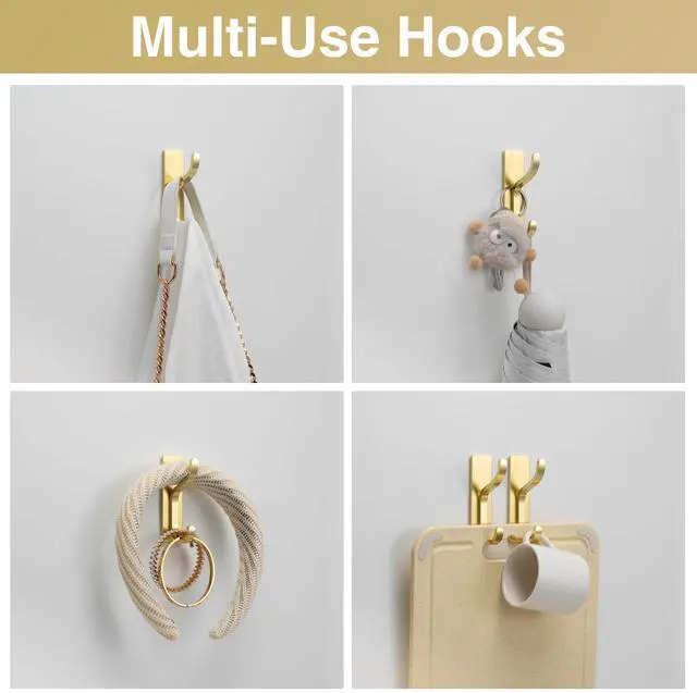 Alt view image 7 of 7 - Adhesive Wall Coat Hooks - Heavy Duty Stick-On Door Hanger, Metal Hook for Hanging Towel,Purse, Robe, Backpack, Jacket, Clothes - for Bathroom,Dorm, Closet, Kitchen - Gold, 4 Pack