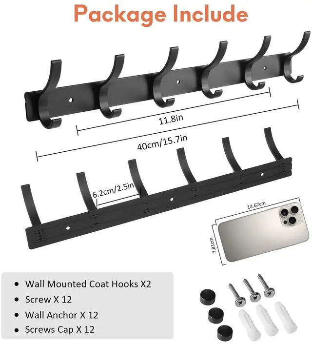 Alt view image 2 of 7 - Coat Rack Wall Mount, Wall Hooks for Hanging, Entry Coat Hooks Coat Hanger, Hat Rack Holder for Wall, Key Holder Purse Racks, Towel Rack for Bathrooms (2 Pack, Black)
