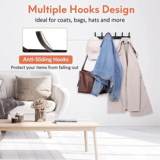 Alt view image 5 of 7 - Coat Rack Wall Mount, Wall Hooks for Hanging, Entry Coat Hooks Coat Hanger, Hat Rack Holder for Wall, Key Holder Purse Racks, Towel Rack for Bathrooms (2 Pack, Black)