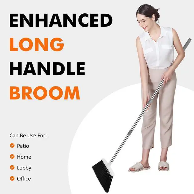 Alt view image 7 of 7 - Heavy Duty Broom, 55 Inch Long Handle Outdoor Large Angle Brooms, Commercial Broom for Sweeping Indoor, for Home Garage Kitchen Office Courtyard Lobby Patio Lawn Concrete(Grey&White)