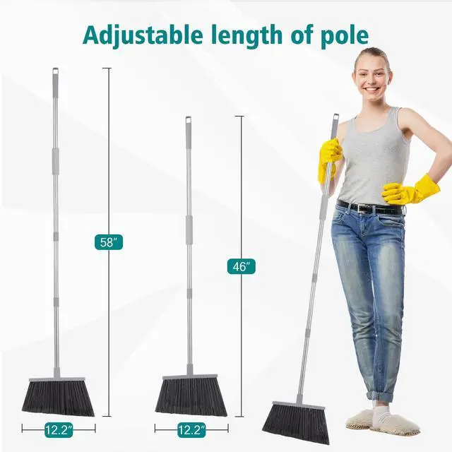 Alt view image 2 of 7 - Broom, Outdoor Broom for Floor Cleaning, 58" Long Stainless Steel Handle, Hard Bristle Angle Broom for Sweeping Indoor, Commercial, Industrial, Garage, Kitchen