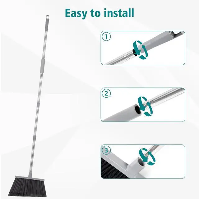 Alt view image 4 of 7 - Broom, Outdoor Broom for Floor Cleaning, 58" Long Stainless Steel Handle, Hard Bristle Angle Broom for Sweeping Indoor, Commercial, Industrial, Garage, Kitchen