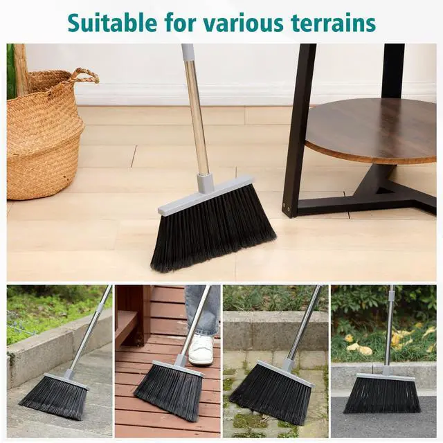 Alt view image 7 of 7 - Broom, Outdoor Broom for Floor Cleaning, 58" Long Stainless Steel Handle, Hard Bristle Angle Broom for Sweeping Indoor, Commercial, Industrial, Garage, Kitchen