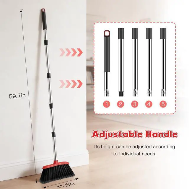 Alt view image 2 of 7 - Broom and Step-on Dustpan Set, 59-in Adjustable Long Handle Broom with Dustpan Combo Set Outdoor Angle Broom for Sweeping Indoor Dust Pet Hair for Cleaning Kitchen Garage Deck Patio, Black&Red