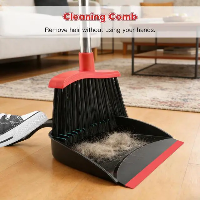 Alt view image 3 of 7 - Broom and Step-on Dustpan Set, 59-in Adjustable Long Handle Broom with Dustpan Combo Set Outdoor Angle Broom for Sweeping Indoor Dust Pet Hair for Cleaning Kitchen Garage Deck Patio, Black&Red