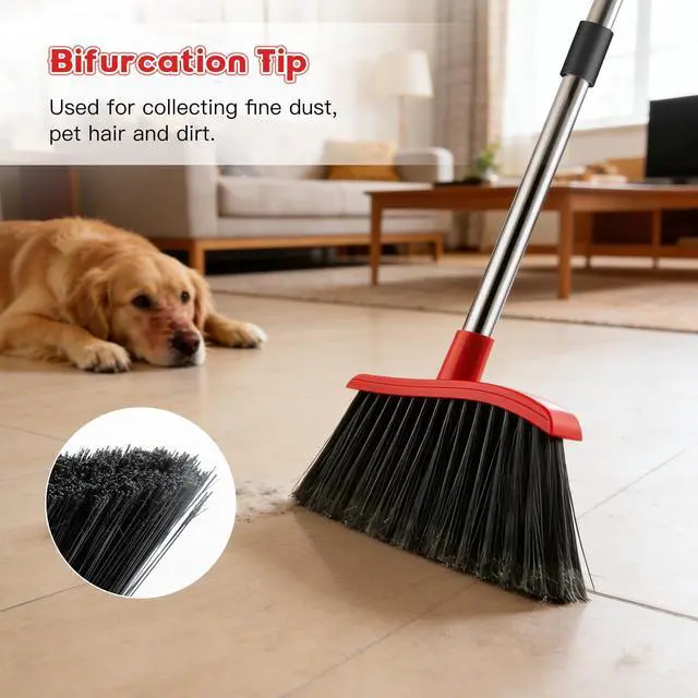 Alt view image 4 of 7 - Broom and Step-on Dustpan Set, 59-in Adjustable Long Handle Broom with Dustpan Combo Set Outdoor Angle Broom for Sweeping Indoor Dust Pet Hair for Cleaning Kitchen Garage Deck Patio, Black&Red