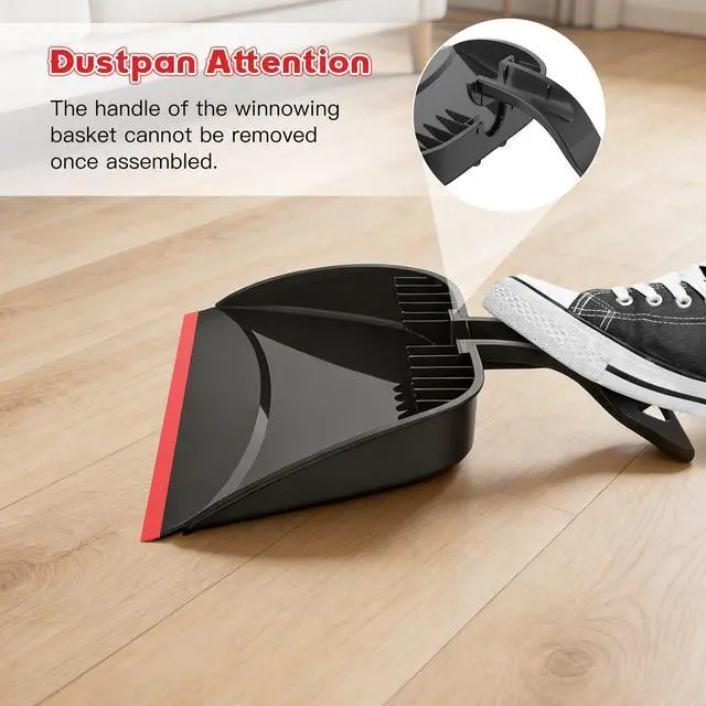 Alt view image 5 of 7 - Broom and Step-on Dustpan Set, 59-in Adjustable Long Handle Broom with Dustpan Combo Set Outdoor Angle Broom for Sweeping Indoor Dust Pet Hair for Cleaning Kitchen Garage Deck Patio, Black&Red