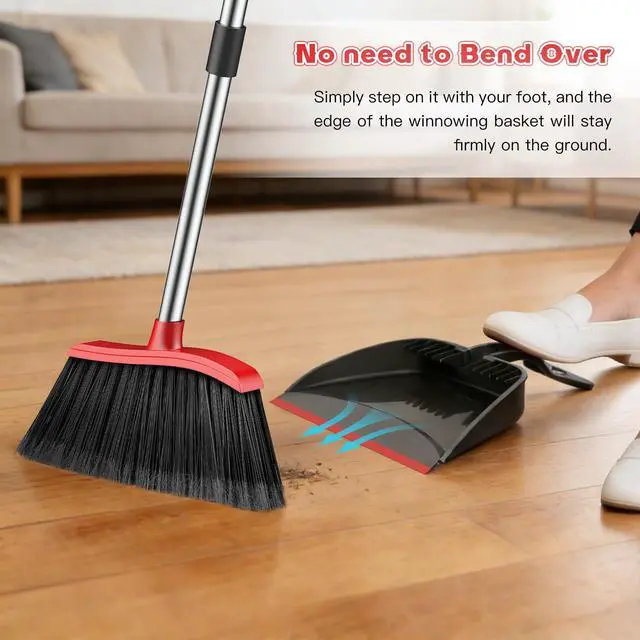 Alt view image 6 of 7 - Broom and Step-on Dustpan Set, 59-in Adjustable Long Handle Broom with Dustpan Combo Set Outdoor Angle Broom for Sweeping Indoor Dust Pet Hair for Cleaning Kitchen Garage Deck Patio, Black&Red