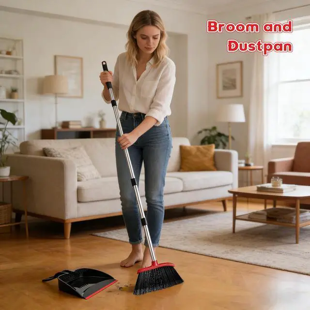 Alt view image 7 of 7 - Broom and Step-on Dustpan Set, 59-in Adjustable Long Handle Broom with Dustpan Combo Set Outdoor Angle Broom for Sweeping Indoor Dust Pet Hair for Cleaning Kitchen Garage Deck Patio, Black&Red