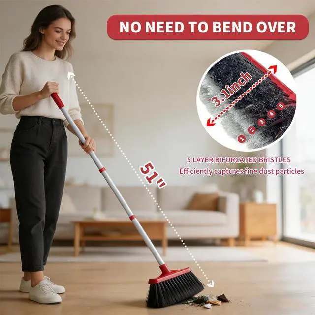 Alt view image 3 of 7 - Heavy Duty Angle Broom | 51" Extended Splicing Iron Rod | Double Sided 5 Layer Bifurcated Bristles | Indoor Outdoor Household Kitchen Dust Sweeping Cleaning Tool